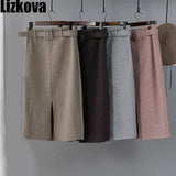 Women Winter Skirt Pink Wool High Waist Midi Skirt With Belt Warm Elegant Pencil Split Skirts - RELEVAZA