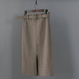 Women Winter Skirt Pink Wool High Waist Midi Skirt With Belt Warm Elegant Pencil Split Skirts - RELEVAZA