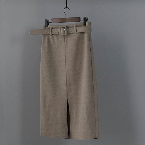 Women Winter Skirt Pink Wool High Waist Midi Skirt With Belt Warm Elegant Pencil Split Skirts - RELEVAZA