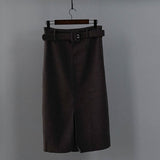 Women Winter Skirt Pink Wool High Waist Midi Skirt With Belt Warm Elegant Pencil Split Skirts - RELEVAZA