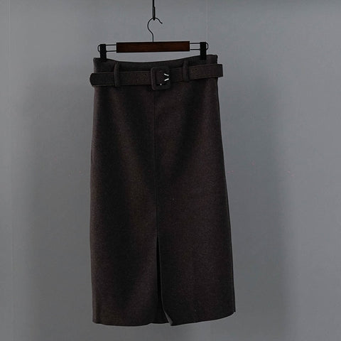 Women Winter Skirt Pink Wool High Waist Midi Skirt With Belt Warm Elegant Pencil Split Skirts - RELEVAZA