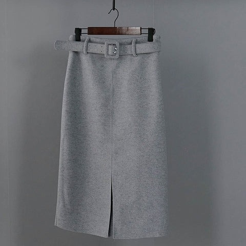 Women Winter Skirt Pink Wool High Waist Midi Skirt With Belt Warm Elegant Pencil Split Skirts - RELEVAZA