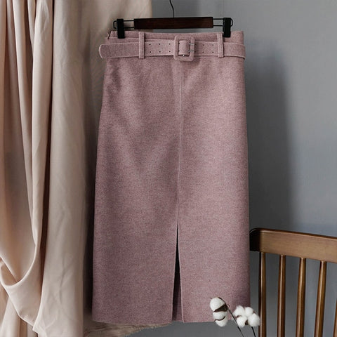 Women Winter Skirt Pink Wool High Waist Midi Skirt With Belt Warm Elegant Pencil Split Skirts - RELEVAZA