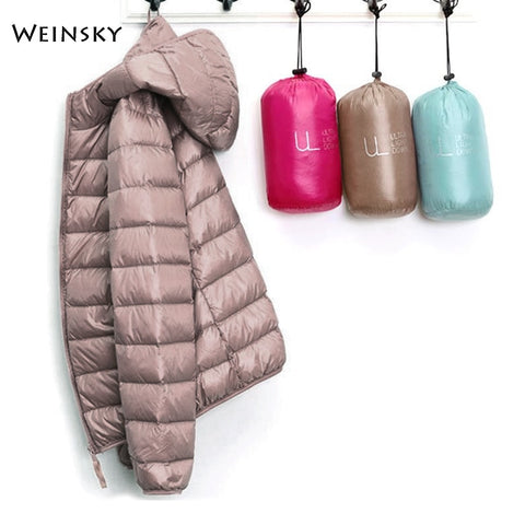 Winter Women Ultralight Thin Down Jacket White Duck Down Hooded Jackets Long Sleeve Warm Coat Parka Female Portable Outwear - RELEVAZA