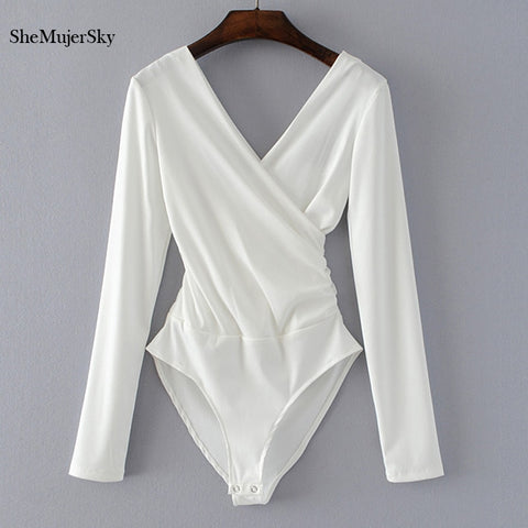 SheMujerSky Long Sleeve Bodysuit Women Backless Jumpsuits Black White Body femme monos cortos de mujer 2017 - RELEVAZA