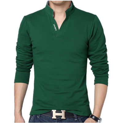 2018 Men Fashion Boutique Cotton Leisure Stand Collar Long Sleeve POLO Shirts Mens Pure Color V-neck POLO Shirt Big Size S-5XL - RELEVAZA