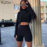 Hugcitar long sleeve zipper high neck elastic sexy crop tops shorts 2-pieces 2018 summer autumn women fashion casual sports sets - RELEVAZA