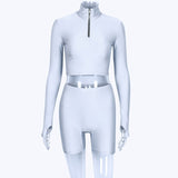 Hugcitar long sleeve zipper high neck elastic sexy crop tops shorts 2-pieces 2018 summer autumn women fashion casual sports sets - RELEVAZA