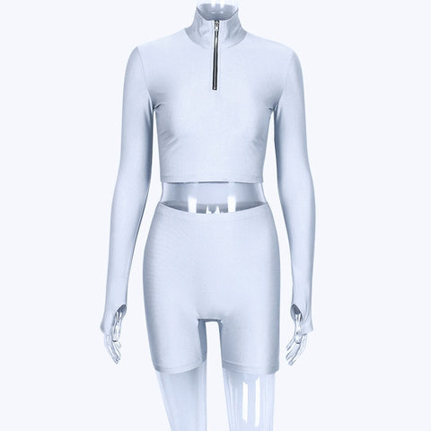 Hugcitar long sleeve zipper high neck elastic sexy crop tops shorts 2-pieces 2018 summer autumn women fashion casual sports sets - RELEVAZA