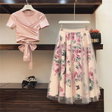 Sweet Women Print Rose Set 2019 Spring Summer Fashion Bandage Cross Cotton Blouses Tops and Long Midi A-line Skirts Suit - RELEVAZA