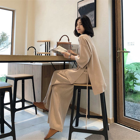 Knitting Female Sweater Pantsuit For Women Two Piece Set Knitted Pullover V-neck Long Sleeve Bandage Top Wide Leg Pants  Suit - RELEVAZA