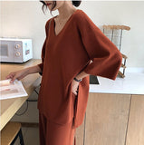 Knitting Female Sweater Pantsuit For Women Two Piece Set Knitted Pullover V-neck Long Sleeve Bandage Top Wide Leg Pants  Suit - RELEVAZA