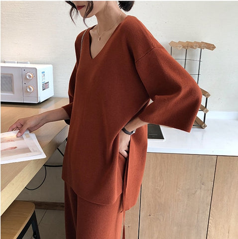 Knitting Female Sweater Pantsuit For Women Two Piece Set Knitted Pullover V-neck Long Sleeve Bandage Top Wide Leg Pants  Suit - RELEVAZA