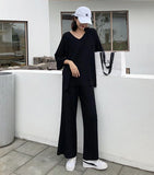 Knitting Female Sweater Pantsuit For Women Two Piece Set Knitted Pullover V-neck Long Sleeve Bandage Top Wide Leg Pants  Suit - RELEVAZA