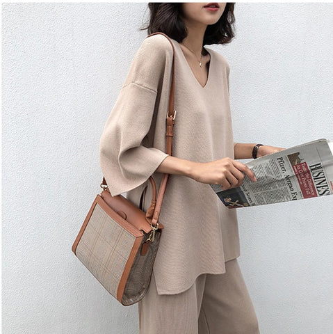 Knitting Female Sweater Pantsuit For Women Two Piece Set Knitted Pullover V-neck Long Sleeve Bandage Top Wide Leg Pants  Suit - RELEVAZA