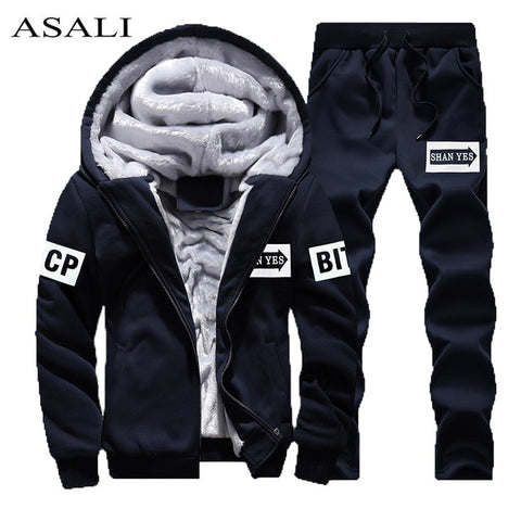 Tracksuit Men Sporting Fleece Thick Hooded Brand-Clothing Casual Track Suit Men Jacket+Pant Warm Fur Inside Winter Sweatshirt - RELEVAZA