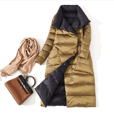 Fitaylor  Women Double Sided Down Long Jacket Winter Turtleneck White Duck Down Coat Double Breasted Warm Parkas Snow Outwear - RELEVAZA