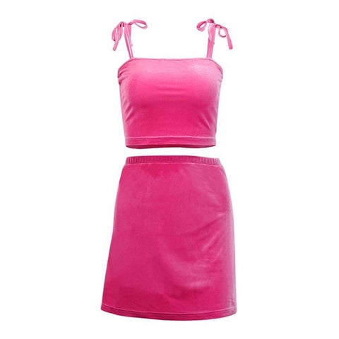 InstaHot Velvet Crop Top Skirts 2 Piece Set Women 2019 Summer Spaghetti Strap Tube Top Split Mini Skirt Fashion Female Sets Sexy - RELEVAZA