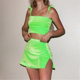 InstaHot Velvet Crop Top Skirts 2 Piece Set Women 2019 Summer Spaghetti Strap Tube Top Split Mini Skirt Fashion Female Sets Sexy - RELEVAZA