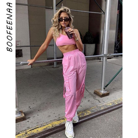 BOOFEENAA Pink Sexy Two Piece Set Crop Top and Cargo Pants Suits Streetwear Tracksuit Women Summer Clothes Matching Sets C68AE64 - RELEVAZA